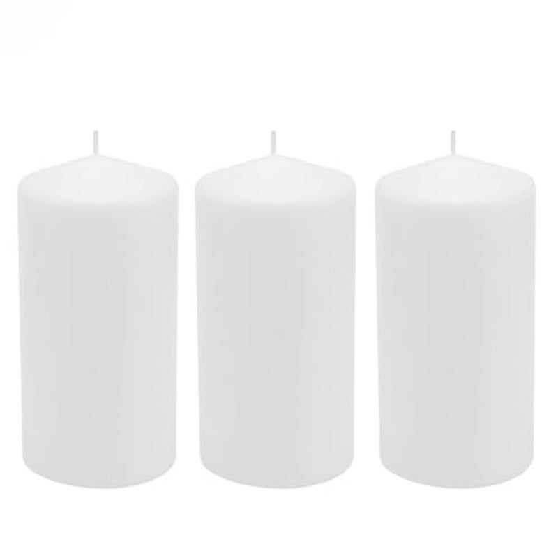 3 Pack Tall 3 x 6 Inch 65 Hour Long Burning Unscented White Wax Pillar Candles - Image 1