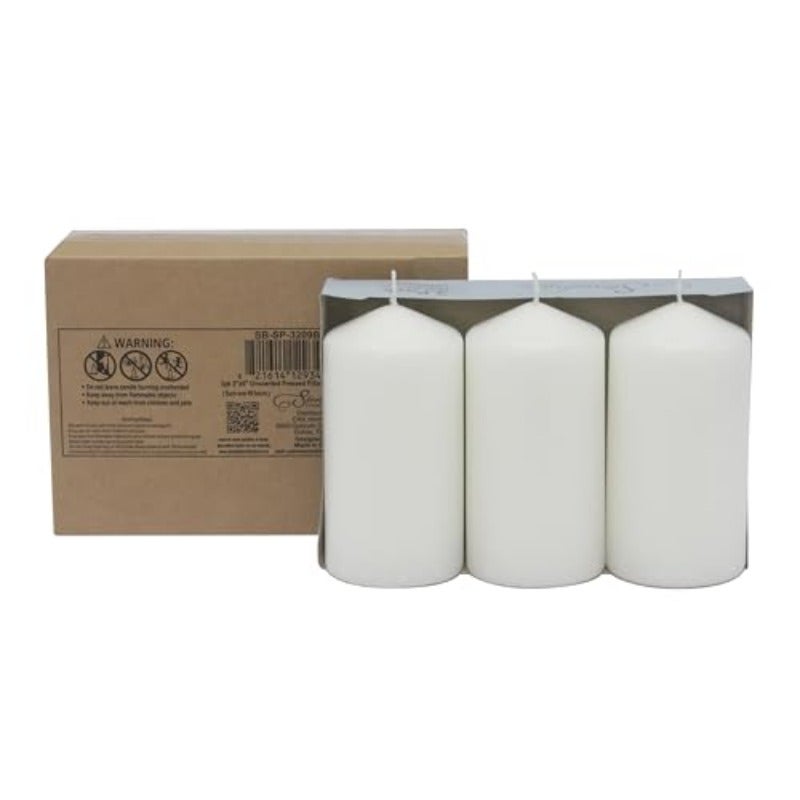3 Pack Tall 3 x 6 Inch 65 Hour Long Burning Unscented White Wax Pillar Candles - Image 2