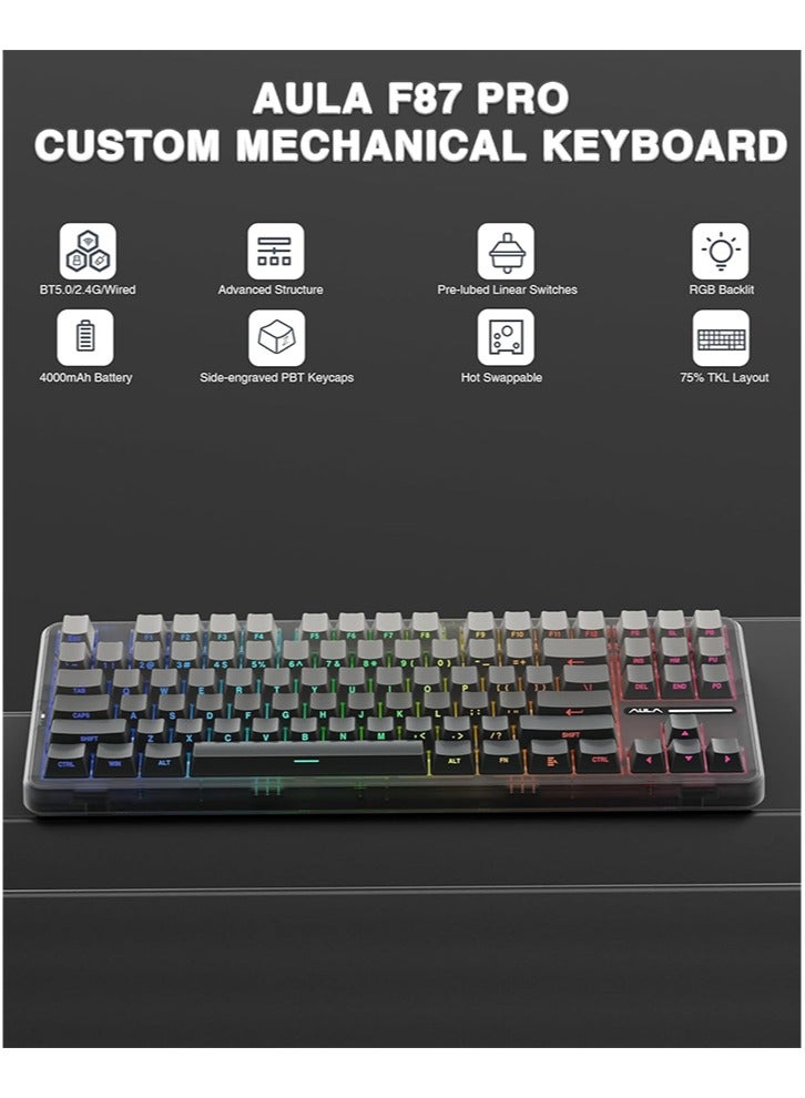 AULA F87 Pro Wireless Mechanical Keyboard,Tri-Mode BT5.0/2.4GHz/USB-C Hot Swappable Custom Keyboard,Pre-lubed Switches,Side Printed PBT Keycaps,75% TKL RGB Backlit Gaming Keyboards - Image 4