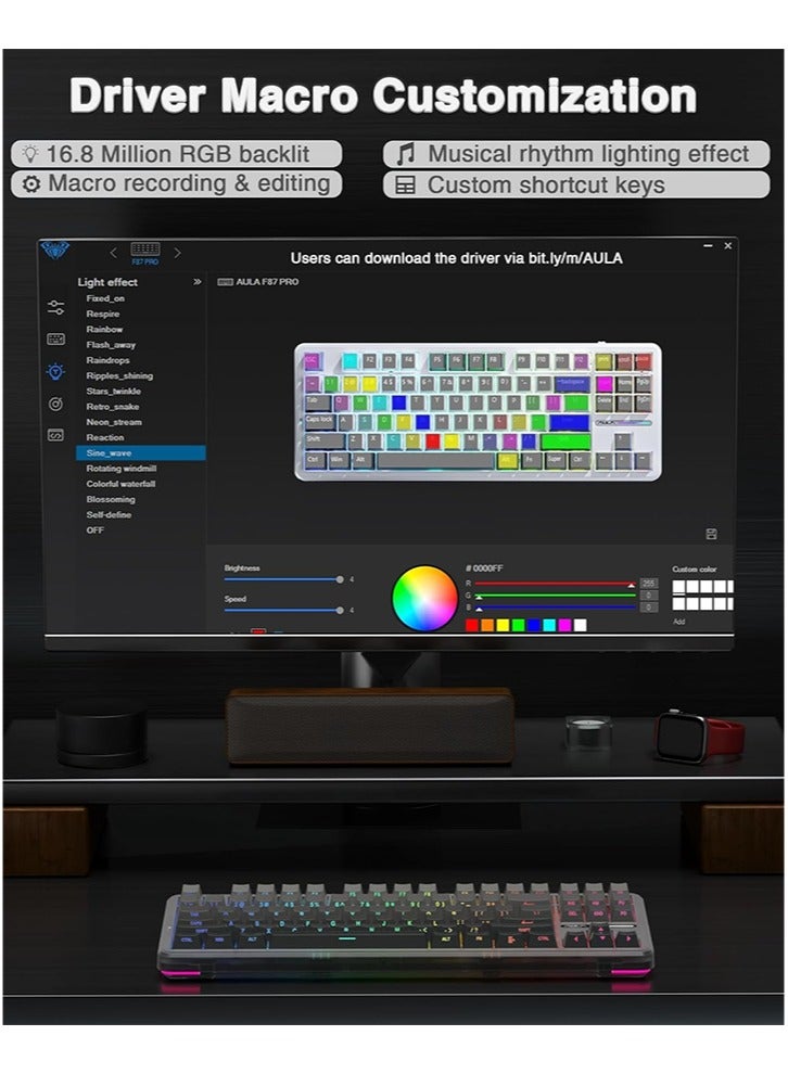 AULA F87 Pro Wireless Mechanical Keyboard,Tri-Mode BT5.0/2.4GHz/USB-C Hot Swappable Custom Keyboard,Pre-lubed Switches,Side Printed PBT Keycaps,75% TKL RGB Backlit Gaming Keyboards - Image 5