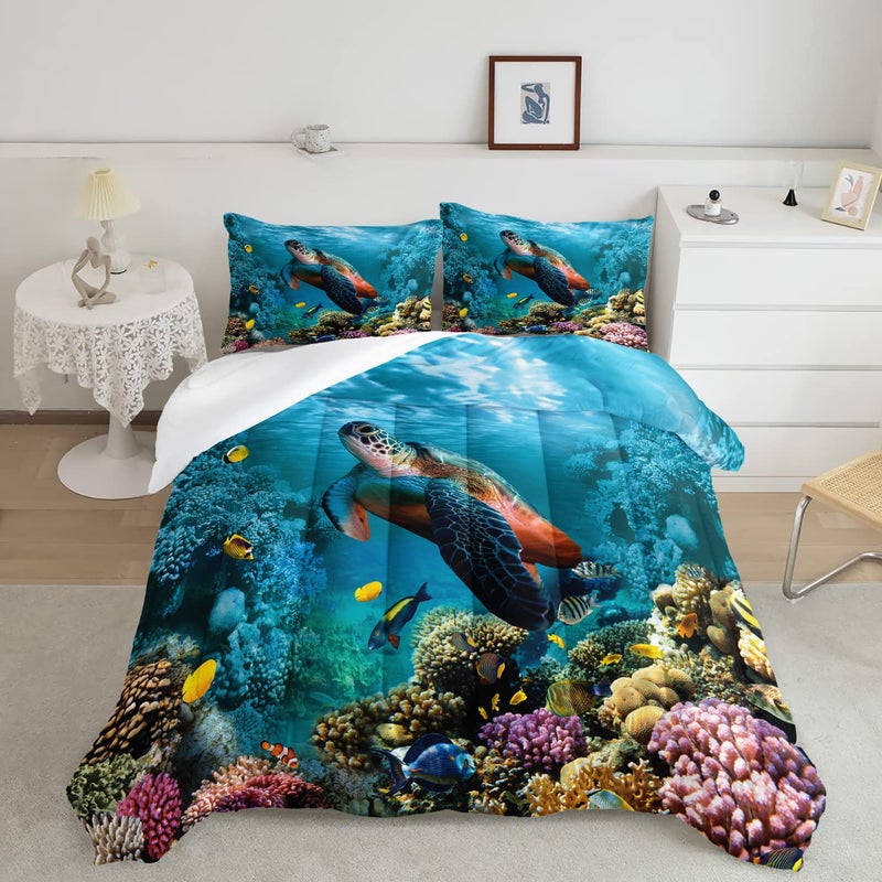 CVHOUSE Sea Turtle Bedding SetSea Turtle Comforter TwinOcean Beach Comforter Set for Boys Kids GirlsOcean Quilt Set with 1 Comforter and 2 Pillow Cases