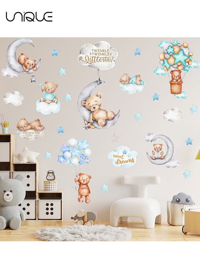 Unique Cartoon Bear Wall Sticker, Moon & Clouds Decals, DIY Removable Large Art Decoration, Peel and Stick, for Kids Baby Boys Girls Playroom Bedroom Decor  - Image 1