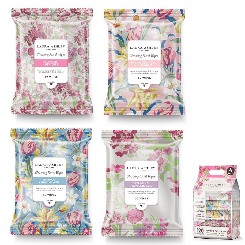 Laura Ashley 4 Pack Face Wipes for Women - Cleansing Makeup Remover Wipes with Vitamin C, Retinol, Hyaluronic Acid - 120 Pcs - Image 1