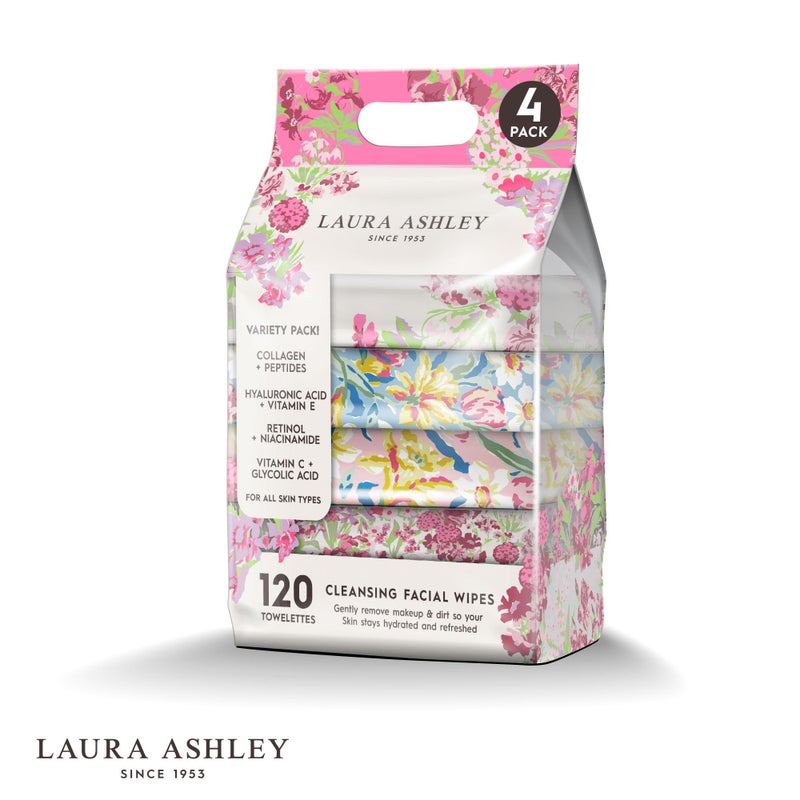 Laura Ashley 4 Pack Face Wipes for Women - Cleansing Makeup Remover Wipes with Vitamin C, Retinol, Hyaluronic Acid - 120 Pcs - Image 2