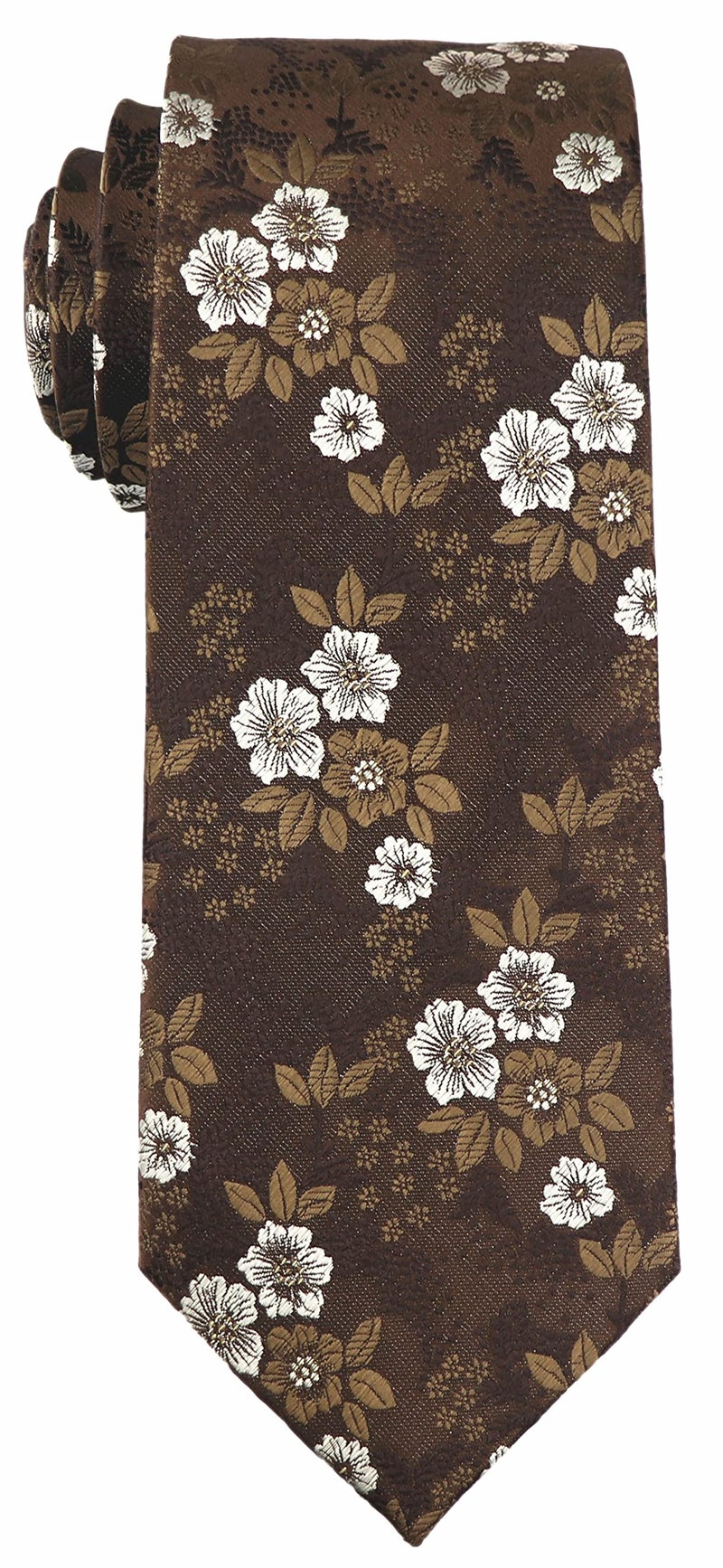 Elfeves Mens Brown with White Floral Cravat Ties Woven Business Formal Necktie Nearwear - Image 3