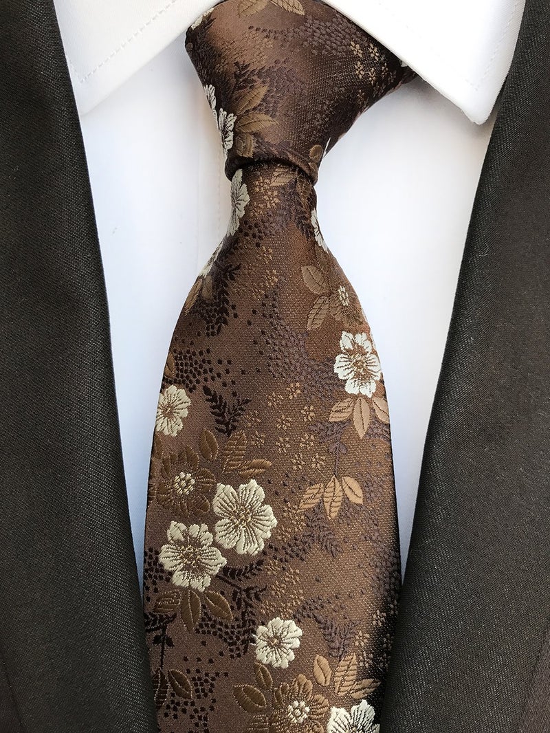 Elfeves Mens Brown with White Floral Cravat Ties Woven Business Formal Necktie Nearwear - Image 2