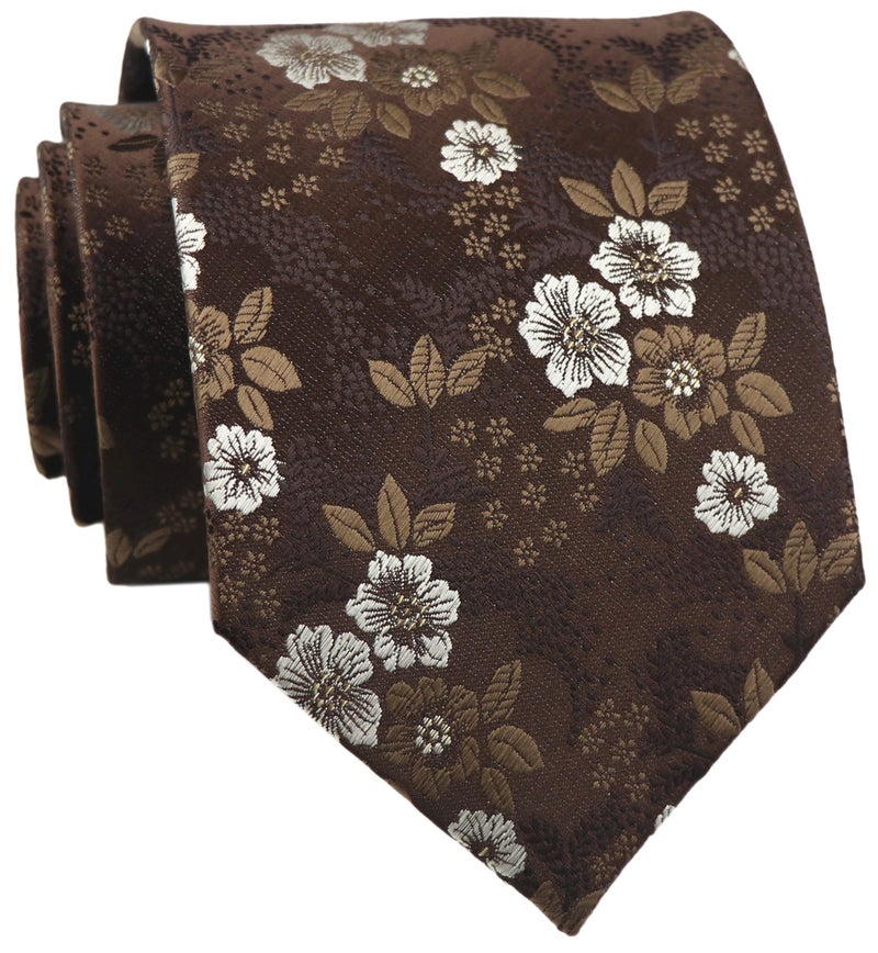 Elfeves Mens Brown with White Floral Cravat Ties Woven Business Formal Necktie Nearwear - Image 1