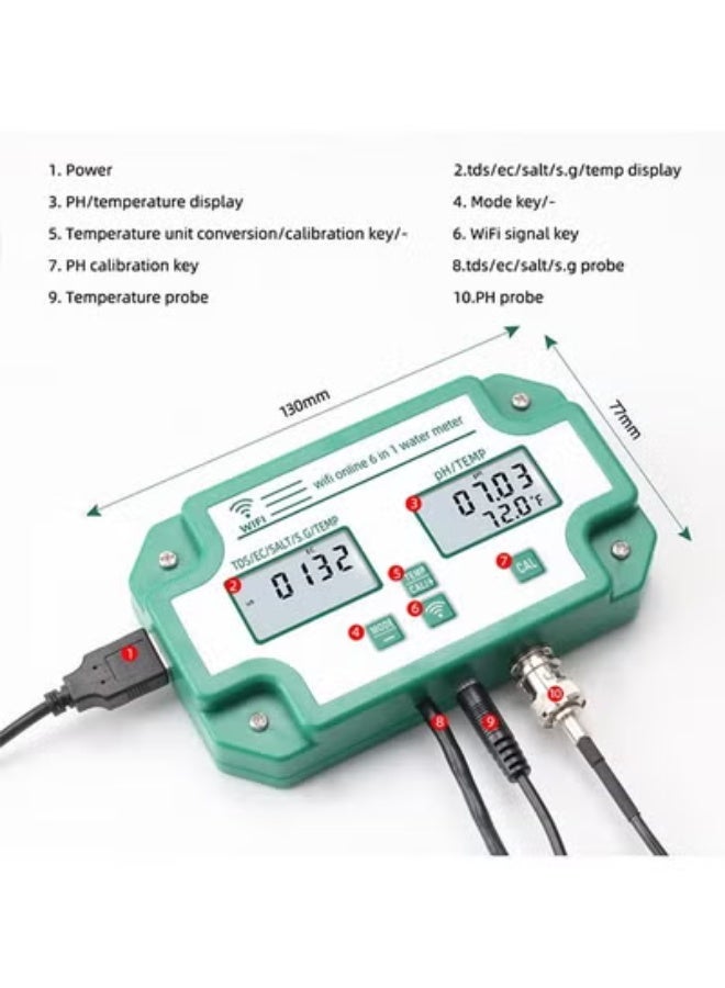 Digital WiFi 6-in-1 Water Quality Tester – PH, EC, TDS, SALT, SG & Temperature Smart Monitor with Data Logger - Image 3