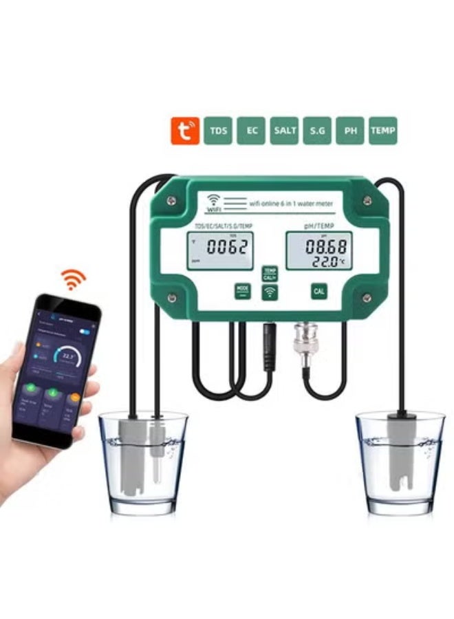 Digital WiFi 6-in-1 Water Quality Tester – PH, EC, TDS, SALT, SG & Temperature Smart Monitor with Data Logger - Image 1