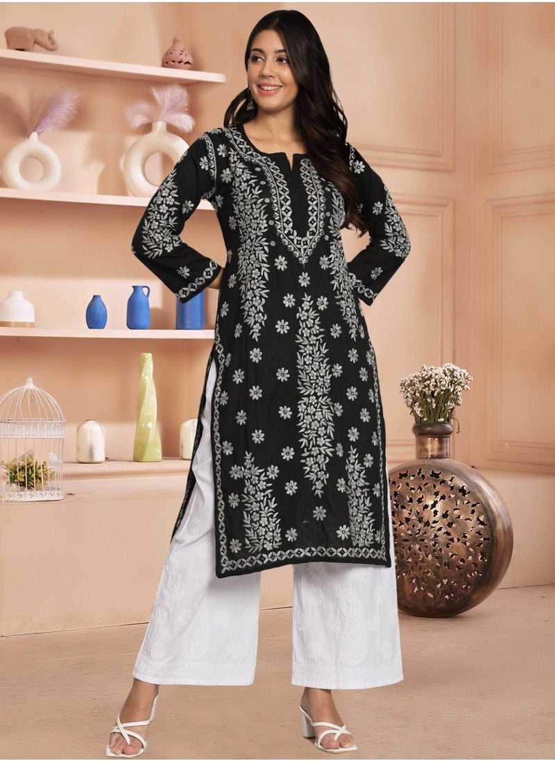 Alaya - Women  Floral Embroidered Chikankari Cotton kurta-AL3679 - Image 1