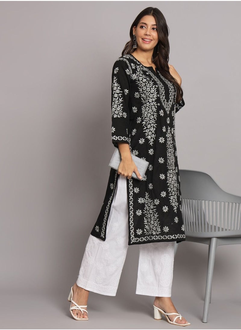 Alaya - Women  Floral Embroidered Chikankari Cotton kurta-AL3679 - Image 1