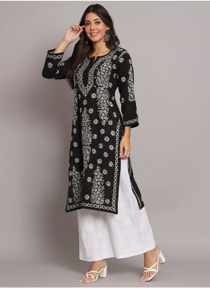 Alaya - Women  Floral Embroidered Chikankari Cotton kurta-AL3679 - Image 1