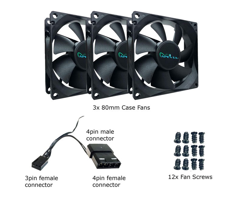 Apevia AF38S-BK 80mm 4pin Molex + 3pin Motherboard Silent Black Case Fan (3-pk) - Image 4