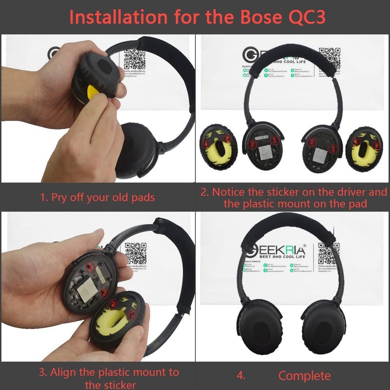 جيكريا وسادة أذن Geekria QuickFit المتوافقة مع Bose QC3، وسادة أذن بديلة لسماعات QuietComfort 3 + غطاء عصابة الرأس / أجزاء إصلاح وسادة الأذن (أسود) - Image 5