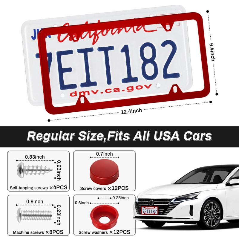 Alpmosn 2PCS Stainless Steel License Plate Frames, 4 Holes Car Licence Plate Covers with Screws Washers and Caps, Car Exterior Accessories, License Plate Holder for US Vehicles (Red) - Image 2