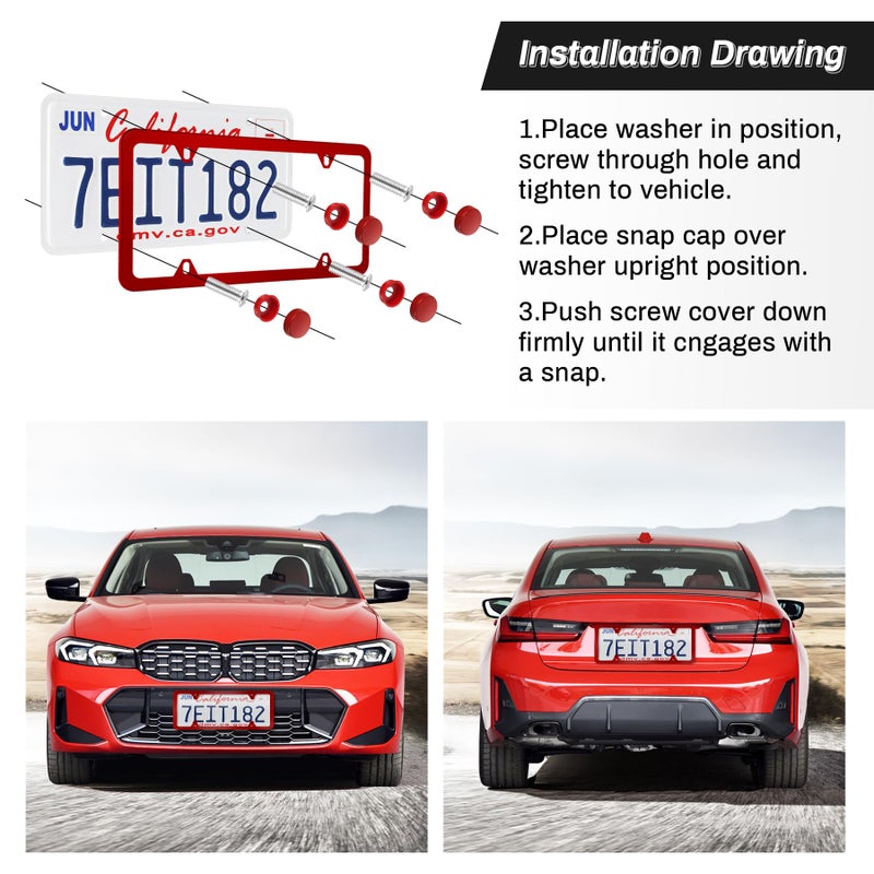 Alpmosn 2PCS Stainless Steel License Plate Frames, 4 Holes Car Licence Plate Covers with Screws Washers and Caps, Car Exterior Accessories, License Plate Holder for US Vehicles (Red) - Image 3