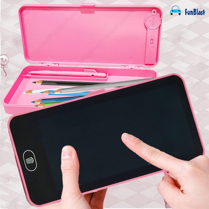 FunBlast حافظة أقلام لوح الكتابة للأطفال – 2 في 1 لوح رقمي LCD للأطفال، دفتر ملاحظات إلكتروني، صندوق أقلام للأطفال، لوح كتابة للرسم للأطفال في المدرسة، ألعاب تعليمية (وردي) - Image 2