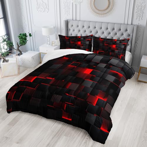Tuzaovy red and Black Queen Size Comforter Set,red and Black Room Decor for Bedroom for Women,Queen Quilt Bedding Set Geometry - Image 2
