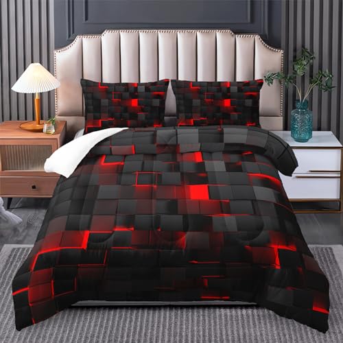 Tuzaovy red and Black Queen Size Comforter Set,red and Black Room Decor for Bedroom for Women,Queen Quilt Bedding Set Geometry - Image 1