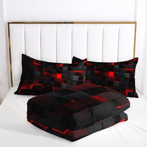 Tuzaovy red and Black Queen Size Comforter Set,red and Black Room Decor for Bedroom for Women,Queen Quilt Bedding Set Geometry - Image 3