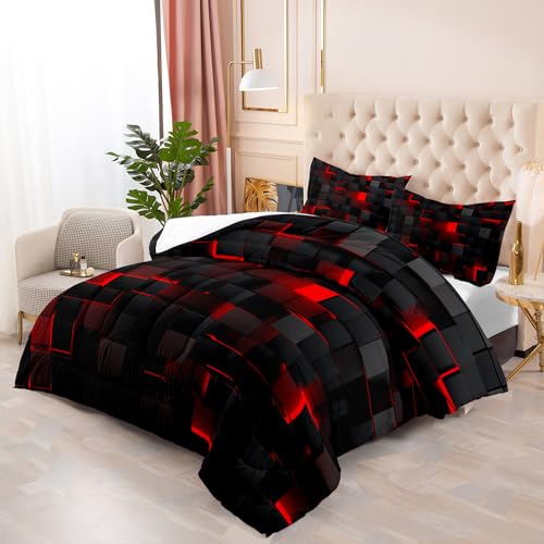 Tuzaovy red and Black Queen Size Comforter Set,red and Black Room Decor for Bedroom for Women,Queen Quilt Bedding Set Geometry - Image 4