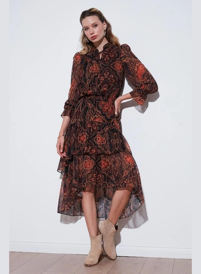 Lela Lela Standard Fit Collar Detail Ruffled Chiffon Midi Dress Women's Dress 611EL1451