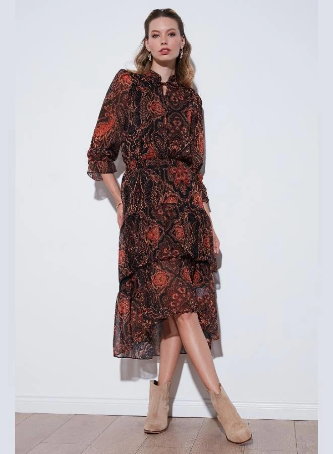 Lela Lela Standard Fit Collar Detail Ruffled Chiffon Midi Dress Women's Dress 611EL1451