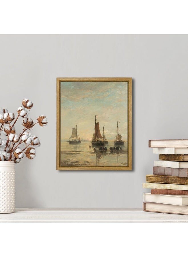 Pyradecor Large Bluff-Bowed Scheveningen Boats at Anchor Artwork Classical Marine Oil Painting Vintage Wall Art Retro Natural Wood Framed Farmhouse Decor for Living Room Bedroom Decorations - Image 2