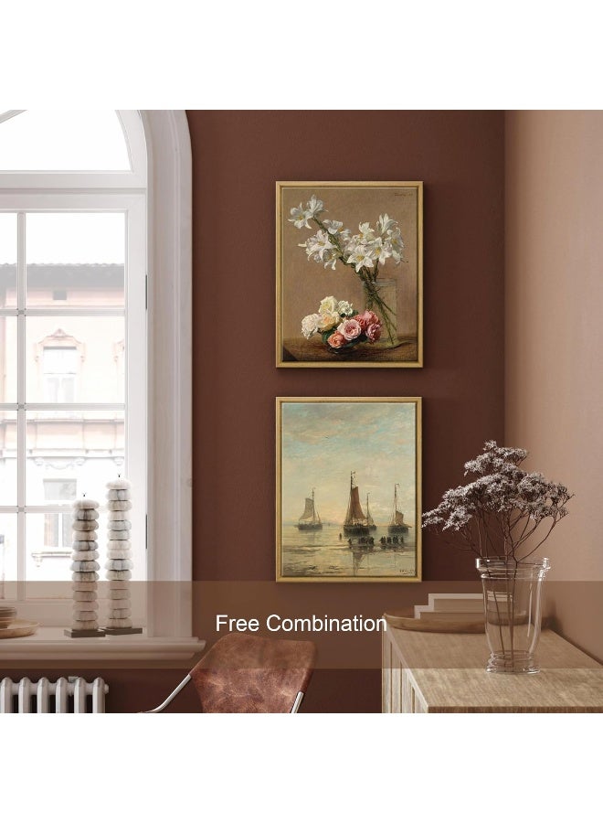 Pyradecor Large Bluff-Bowed Scheveningen Boats at Anchor Artwork Classical Marine Oil Painting Vintage Wall Art Retro Natural Wood Framed Farmhouse Decor for Living Room Bedroom Decorations - Image 5