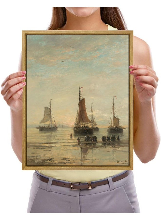 Pyradecor Large Bluff-Bowed Scheveningen Boats at Anchor Artwork Classical Marine Oil Painting Vintage Wall Art Retro Natural Wood Framed Farmhouse Decor for Living Room Bedroom Decorations - Image 4