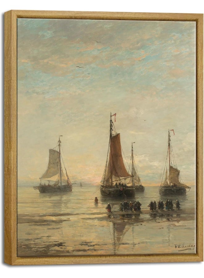 Pyradecor Large Bluff-Bowed Scheveningen Boats at Anchor Artwork Classical Marine Oil Painting Vintage Wall Art Retro Natural Wood Framed Farmhouse Decor for Living Room Bedroom Decorations - Image 1