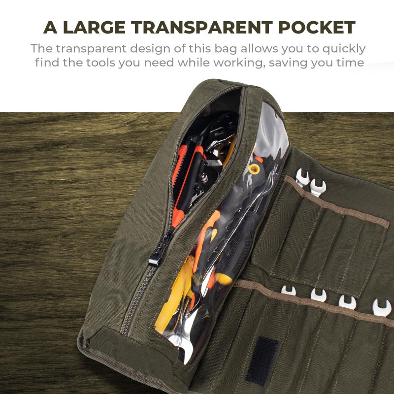 LELEZONE Wrench Roll Up Pouch, 19+1 Pockets Utility Roll, Portable Tool Organization Roll Bag, Gifts for Men Father Mechanic, Heavy Duty Canvas Wrench Organizer Bag (Green) - Image 4