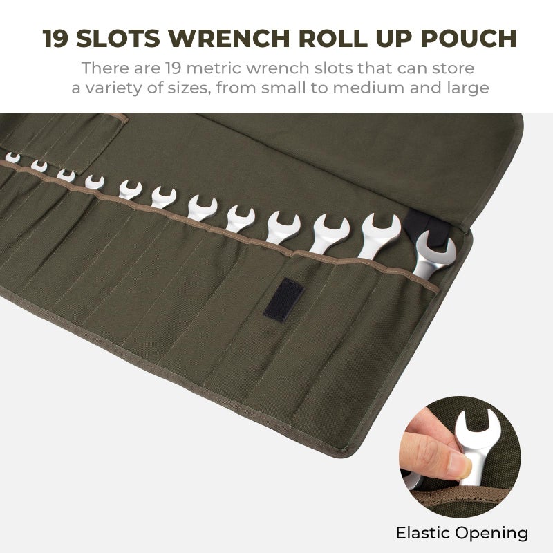 LELEZONE Wrench Roll Up Pouch, 19+1 Pockets Utility Roll, Portable Tool Organization Roll Bag, Gifts for Men Father Mechanic, Heavy Duty Canvas Wrench Organizer Bag (Green) - Image 3