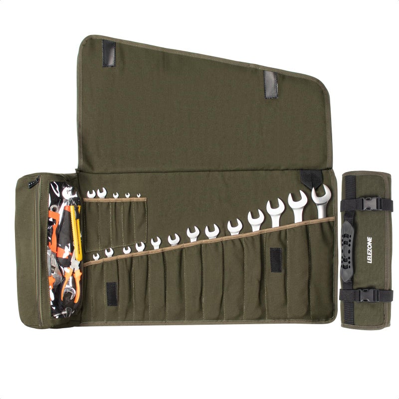 LELEZONE Wrench Roll Up Pouch, 19+1 Pockets Utility Roll, Portable Tool Organization Roll Bag, Gifts for Men Father Mechanic, Heavy Duty Canvas Wrench Organizer Bag (Green) - Image 1