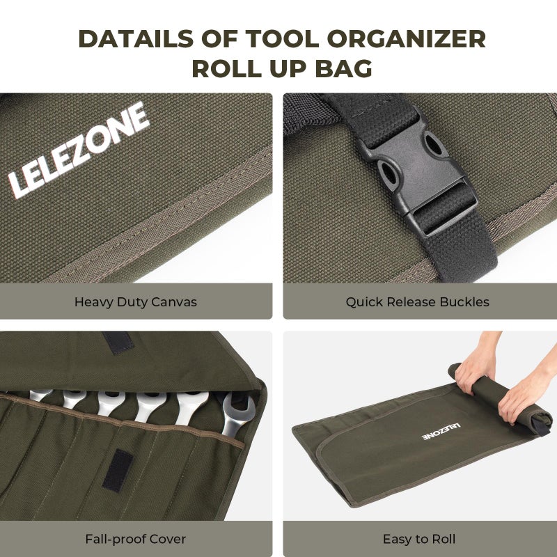 LELEZONE Wrench Roll Up Pouch, 19+1 Pockets Utility Roll, Portable Tool Organization Roll Bag, Gifts for Men Father Mechanic, Heavy Duty Canvas Wrench Organizer Bag (Green) - Image 5