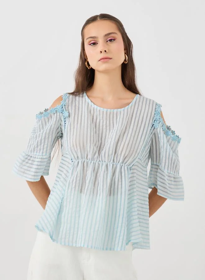 Take Two Take Two Texture Elastic Gathered Waist Lace Trim Blouse