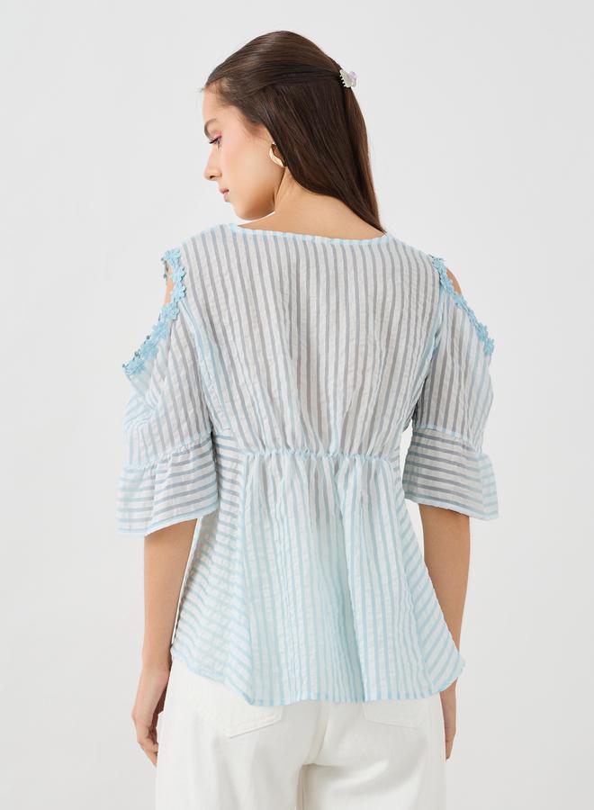 Take Two Texture Elastic Gathered Waist Lace Trim Blouse - Image 5