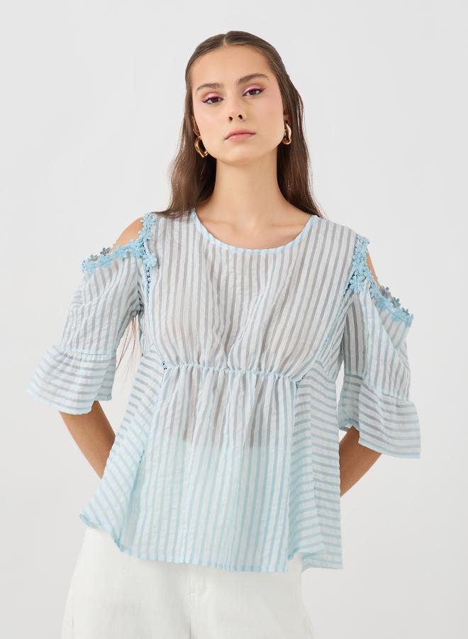 Take Two Texture Elastic Gathered Waist Lace Trim Blouse - Image 1