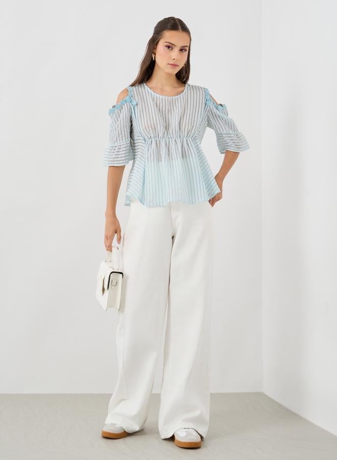 Take Two Texture Elastic Gathered Waist Lace Trim Blouse - Image 3