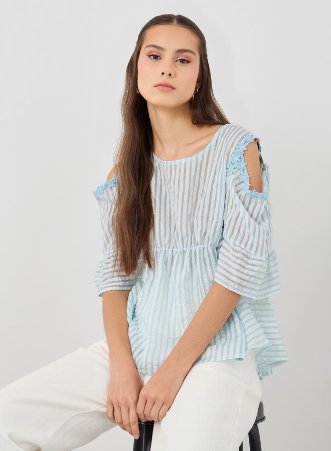 Take Two Texture Elastic Gathered Waist Lace Trim Blouse - Image 2