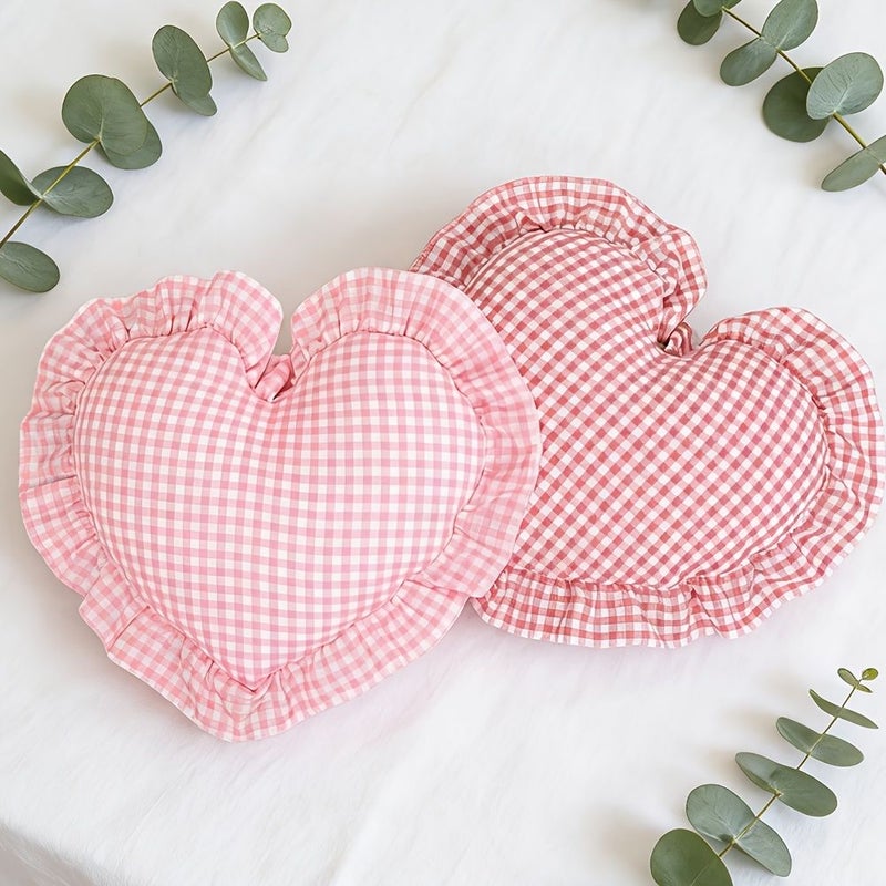 Watermelon Red White Checkered Heart Shaped Pillow 45x35cm With Insert Ruffled Edge - Image 1