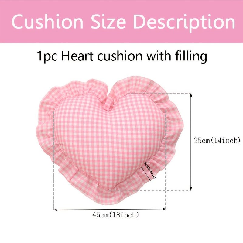 Watermelon Red White Checkered Heart Shaped Pillow 45x35cm With Insert Ruffled Edge - Image 3