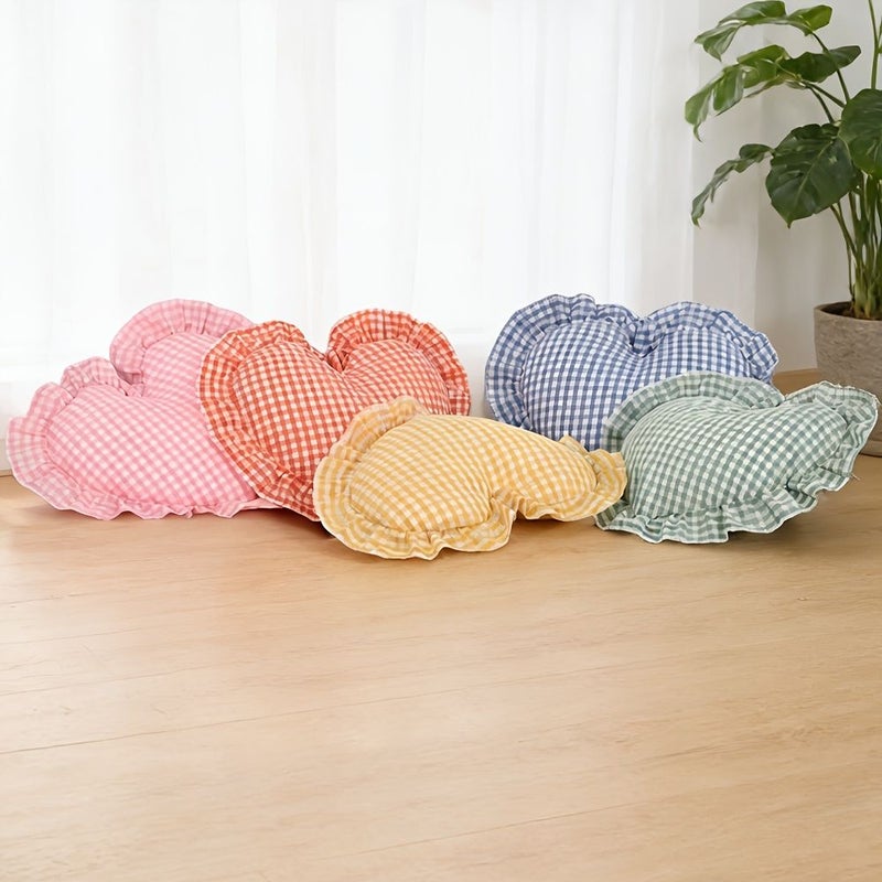 Watermelon Red White Checkered Heart Shaped Pillow 45x35cm With Insert Ruffled Edge - Image 2