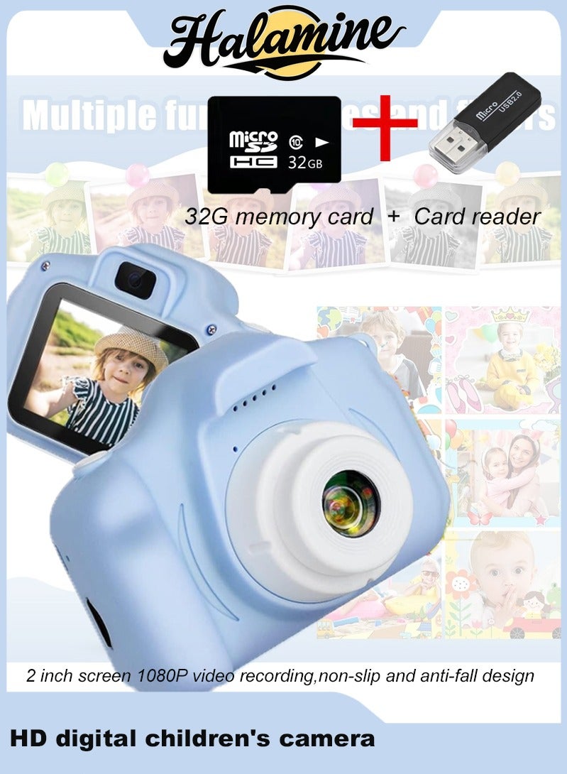 هالامين كاميرا رقمية صغيرة للأطفال، كاميرا رقمية عالية الوضوح بشاشة LCD 2 بوصة عالية الوضوح لتسجيل صور الفيديو للأطفال، قابلة للشحن، أزرق (بطاقة TF بسعة 32 جيجابايت وقارئ بطاقات) - Image 1