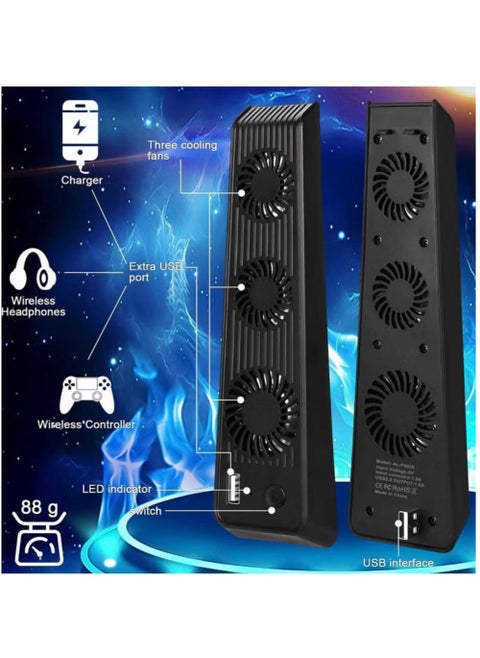 Playstation 5 Cooling Fan with LED light and USB port, Strong and Silent Exhaust with 3 Fans for PS5 Disc and Digital Edition, Self-Starting and Quiet Mode
