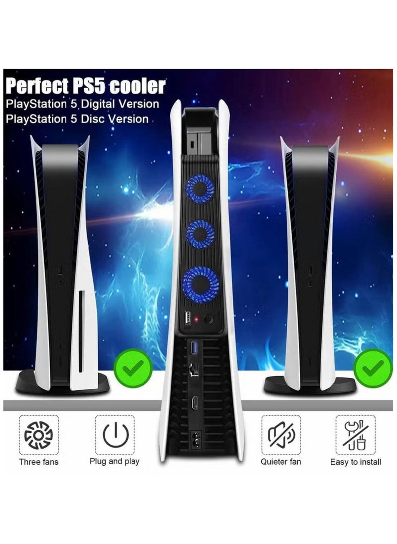 AOLION - Playstation 5 Cooling Fan with LED light and USB port, Strong and Silent Exhaust with 3 Fans for PS5 Disc and Digital Edition, Self-Starting and Quiet Mode - Image 1