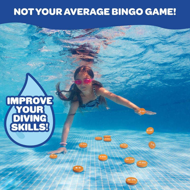 SCS Direct Aqua Pool Bingo Diving Game for Adults & Kids- Swim for & Call 75 Sinking Numbers, Fill Your Card To Win- Includes 200 Marker Chips, 10 Waterproof Play Cards, Fun Birthdays & Summer Parties, Gift - Image 2