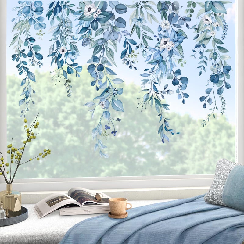 wondever Blue Eucalyptus Leaves Flowes Window Clings Hanging Vine Floral Plants Glass Sticker Decal Anti Collision Double-Side Static Window Stickers for Home Glass Window - Image 3