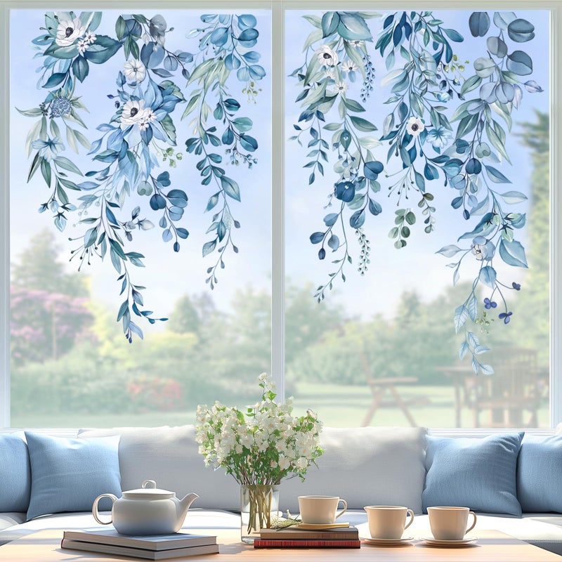 wondever Blue Eucalyptus Leaves Flowes Window Clings Hanging Vine Floral Plants Glass Sticker Decal Anti Collision Double-Side Static Window Stickers for Home Glass Window - Image 2