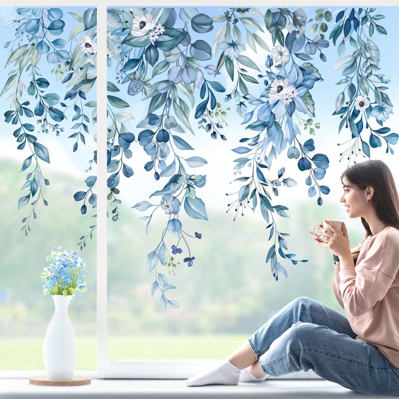 wondever Blue Eucalyptus Leaves Flowes Window Clings Hanging Vine Floral Plants Glass Sticker Decal Anti Collision Double-Side Static Window Stickers for Home Glass Window - Image 1